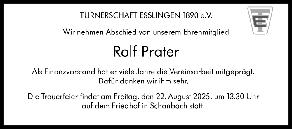  Traueranzeige für Rolf Prater vom 16.08.2025 aus Eßlinger Zeitung