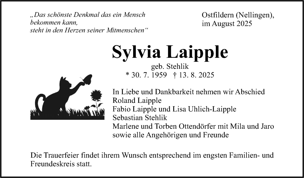  Traueranzeige für Sylvia Laipple vom 21.08.2025 aus Eßlinger Zeitung