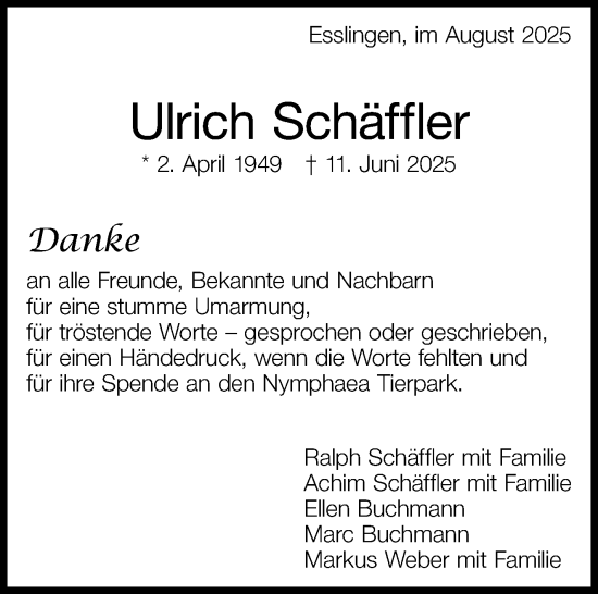 Traueranzeige von Ulrich Schäffler von Eßlinger Zeitung