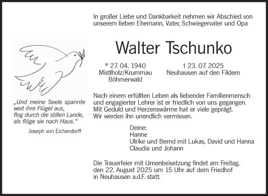 Traueranzeige von Walter Tschunko von Eßlinger Zeitung
