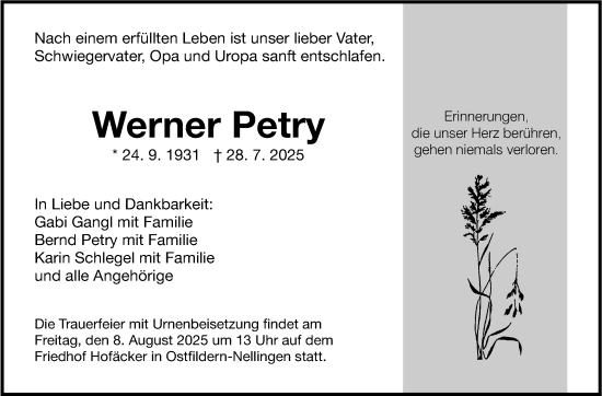 Traueranzeige von Werner Petry von Eßlinger Zeitung