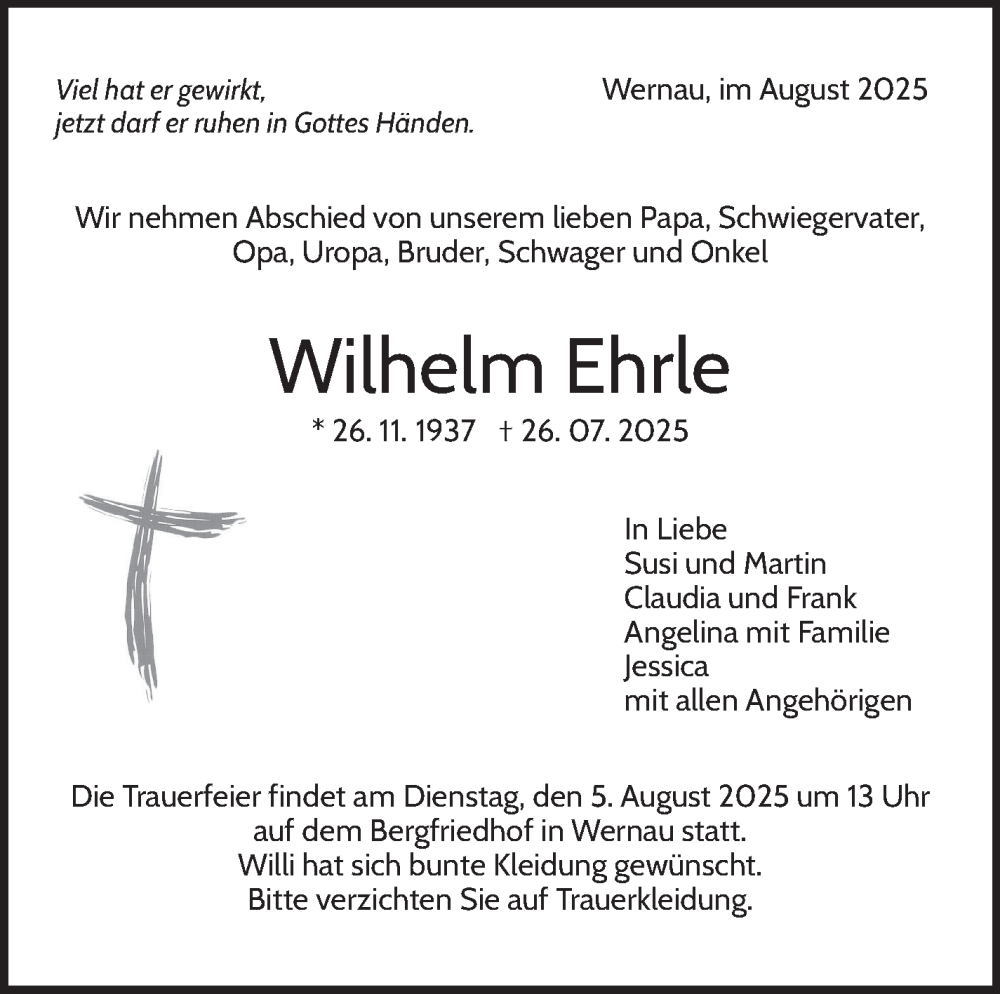  Traueranzeige für Wilhelm Ehrle vom 01.08.2025 aus Eßlinger Zeitung