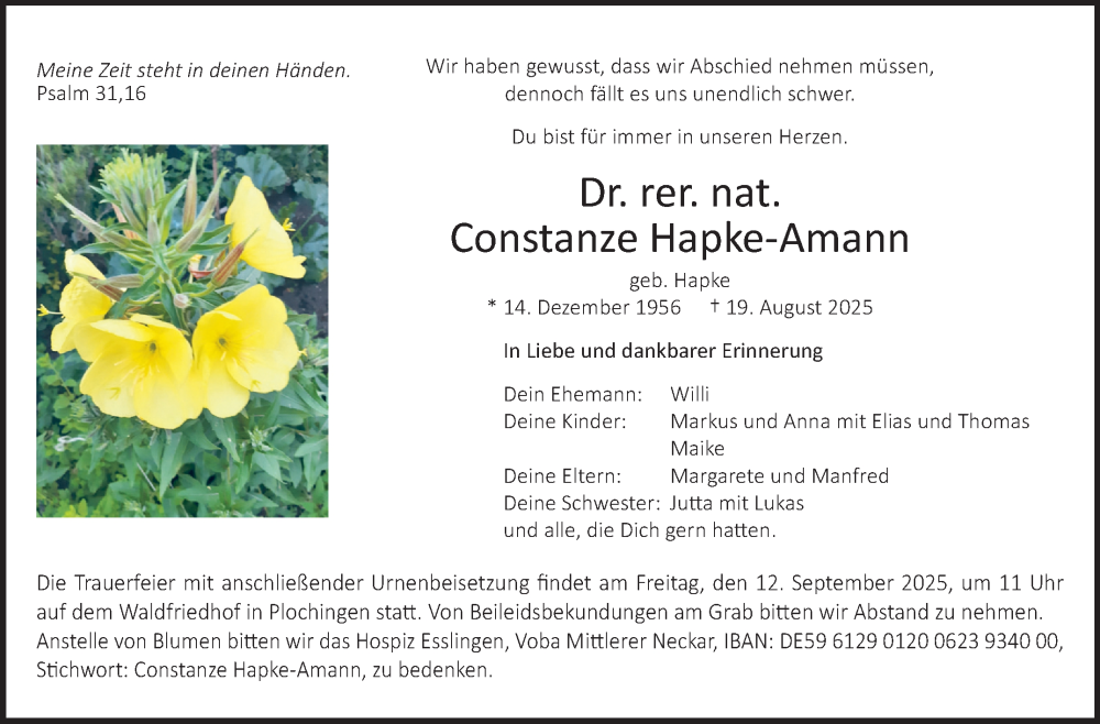  Traueranzeige für Constanze Hapke-Amann vom 06.09.2025 aus Eßlinger Zeitung