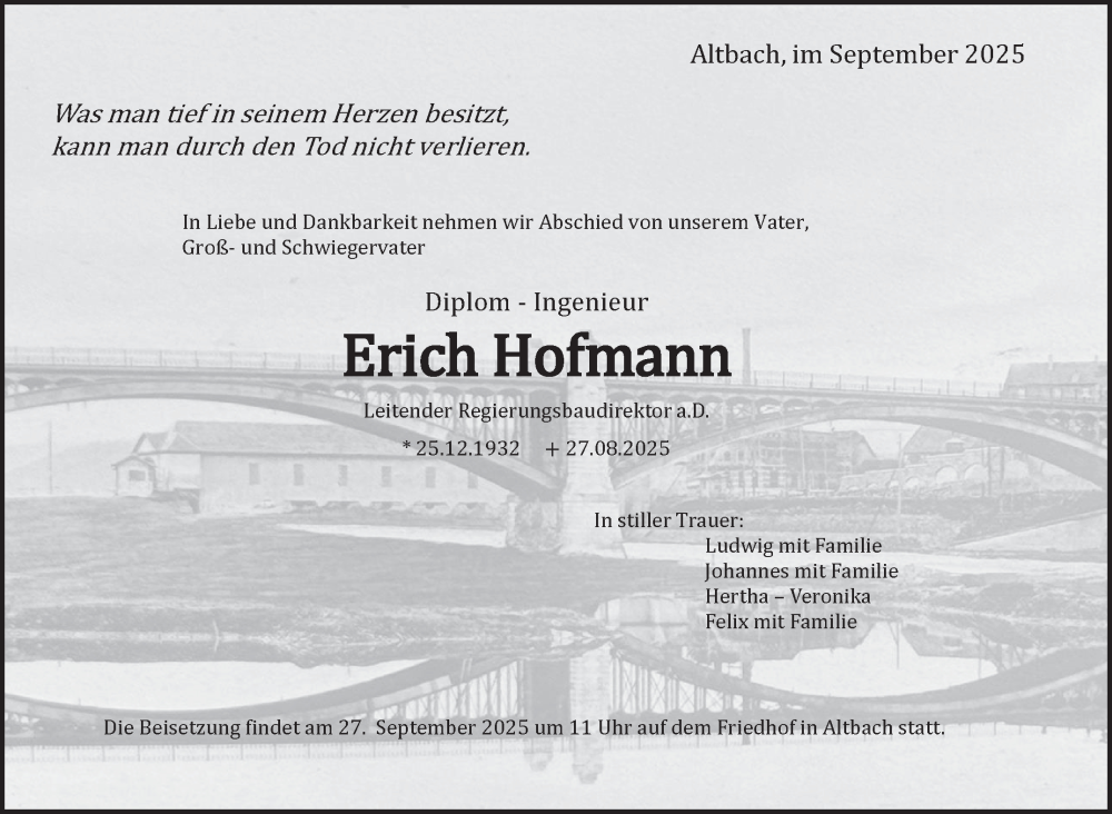  Traueranzeige für Erich Hofmann vom 13.09.2025 aus Eßlinger Zeitung