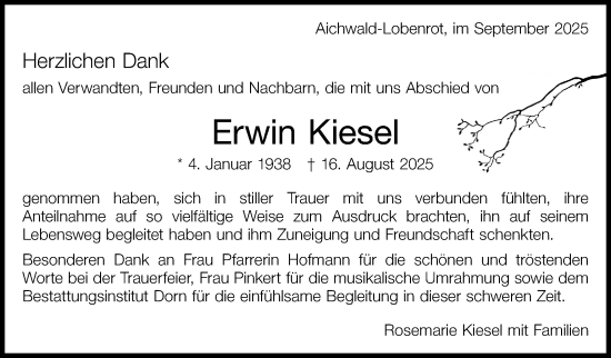 Traueranzeige von Erwin Kiesel von Eßlinger Zeitung