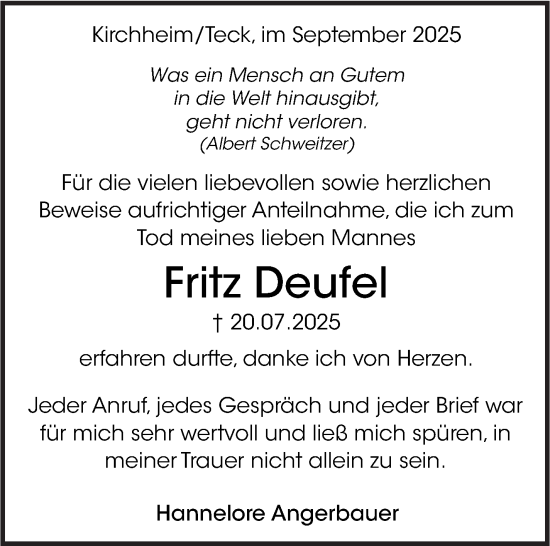 Traueranzeige von Fritz Deufel von Eßlinger Zeitung