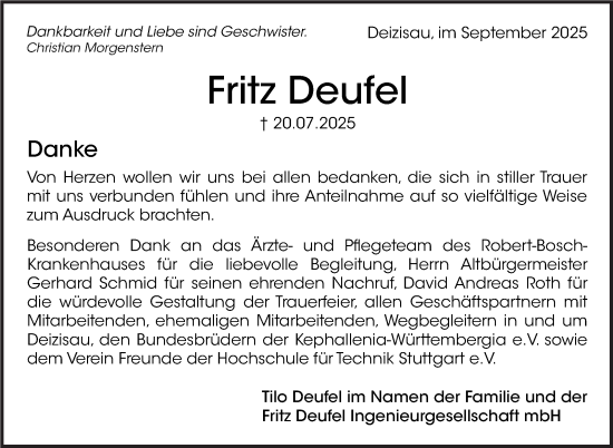 Traueranzeige von Fritz Deufel von Eßlinger Zeitung