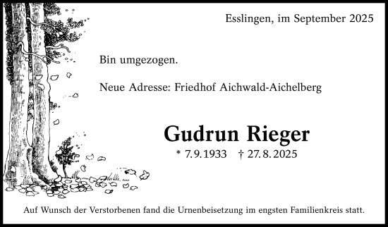 Traueranzeige von Gudrun Rieger von Eßlinger Zeitung