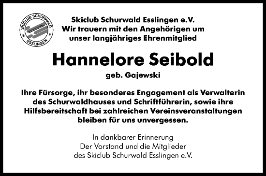 Traueranzeige von Hannelore Seibold von Eßlinger Zeitung