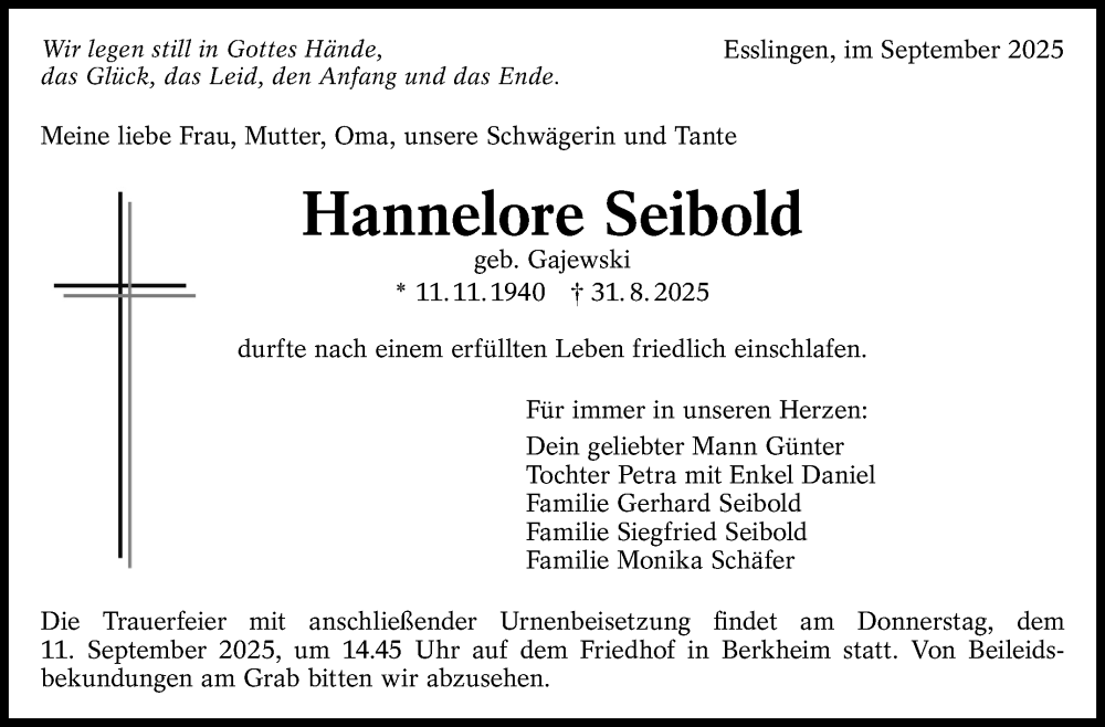  Traueranzeige für Hannelore Seibold vom 06.09.2025 aus Eßlinger Zeitung