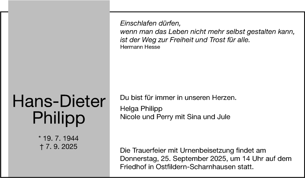  Traueranzeige für Hans-Dieter Philipp vom 20.09.2025 aus Eßlinger Zeitung