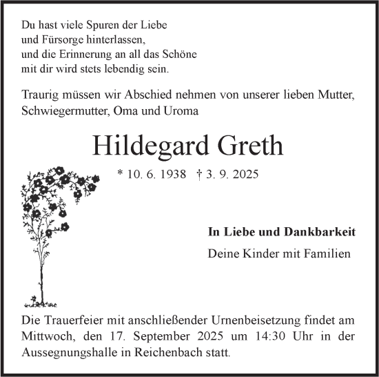 Traueranzeige von Hildegard Greth von Eßlinger Zeitung