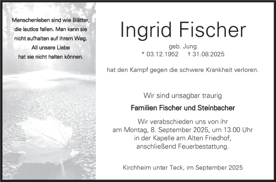 Traueranzeige von Ingrid Fischer von Eßlinger Zeitung