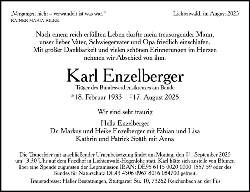  Traueranzeige für Karl Enzelberger vom 29.08.2025 aus Eßlinger Zeitung