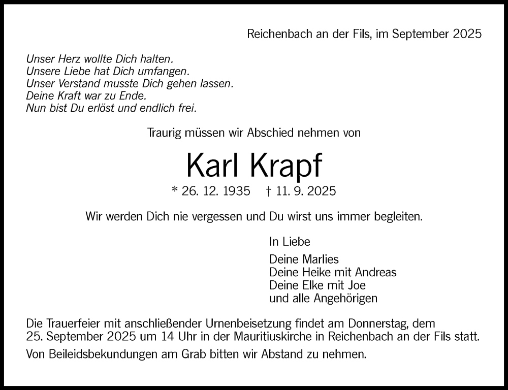  Traueranzeige für Karl Krapf vom 20.09.2025 aus Eßlinger Zeitung