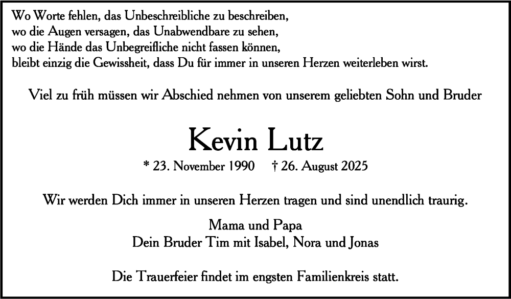  Traueranzeige für Kevin Lutz vom 30.08.2025 aus Eßlinger Zeitung
