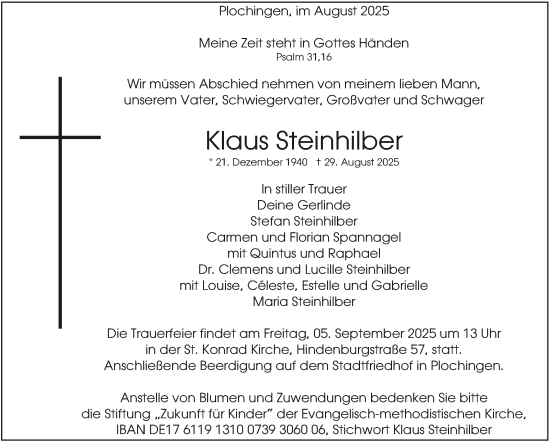 Traueranzeige von Klaus Steinhilber von Eßlinger Zeitung