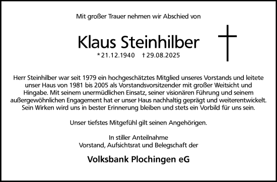 Traueranzeige von Klaus Steinhilber von Eßlinger Zeitung