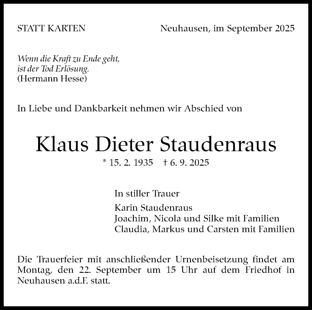  Traueranzeige für Klaus Dieter Staudenraus vom 13.09.2025 aus Eßlinger Zeitung