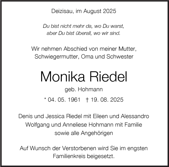 Traueranzeige von Monika Riedel von Eßlinger Zeitung