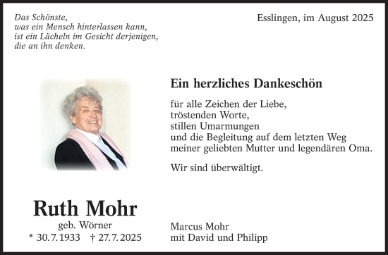 Traueranzeige von Ruth Mohr von Eßlinger Zeitung