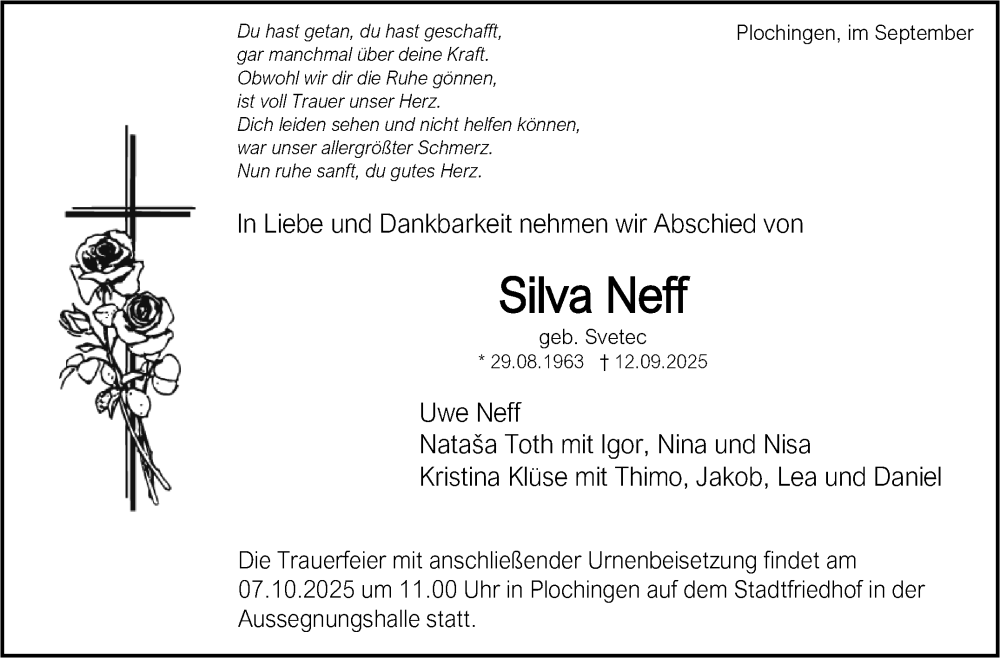  Traueranzeige für Silva Neff vom 27.09.2025 aus Eßlinger Zeitung